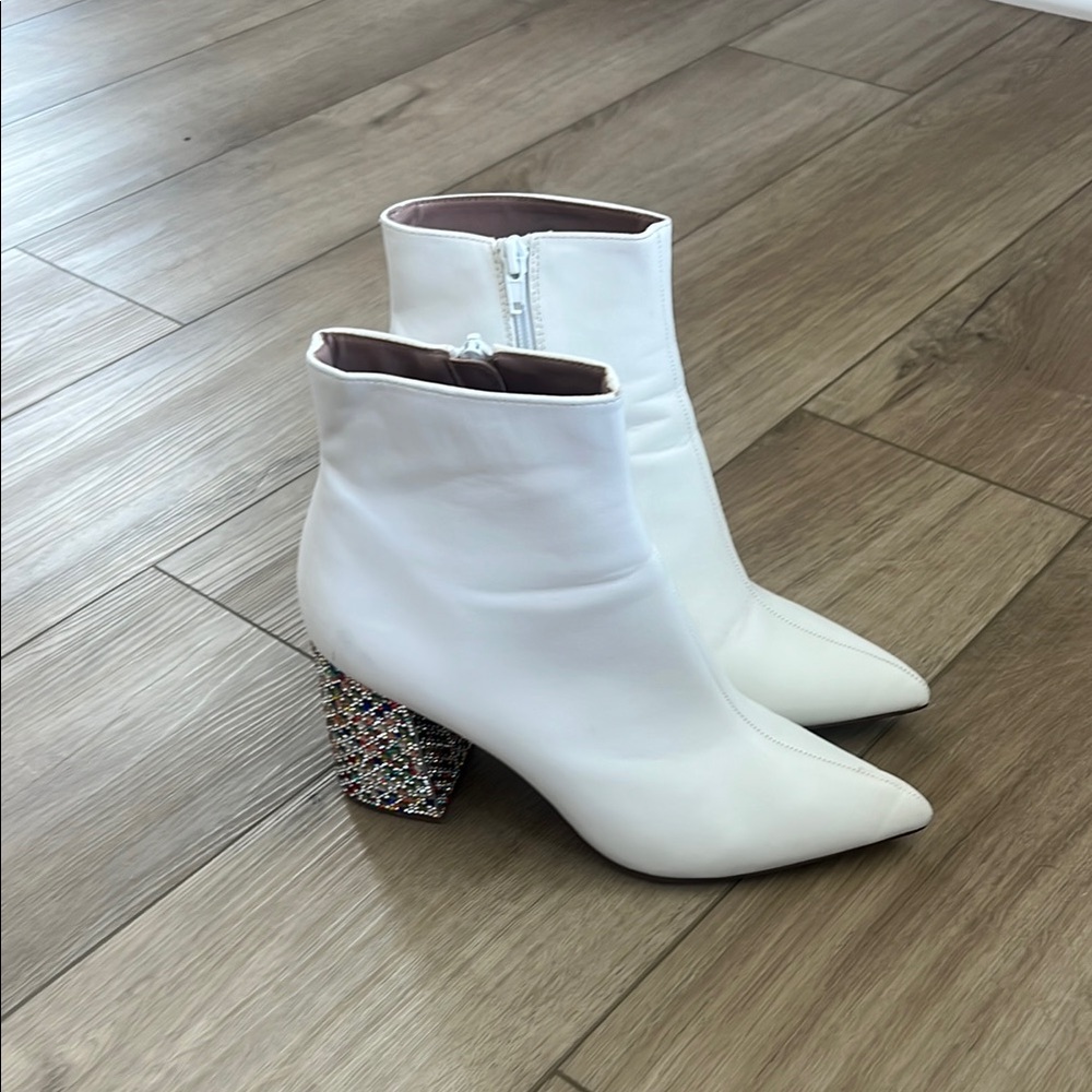 White Ankle Boots with Embellished Heel